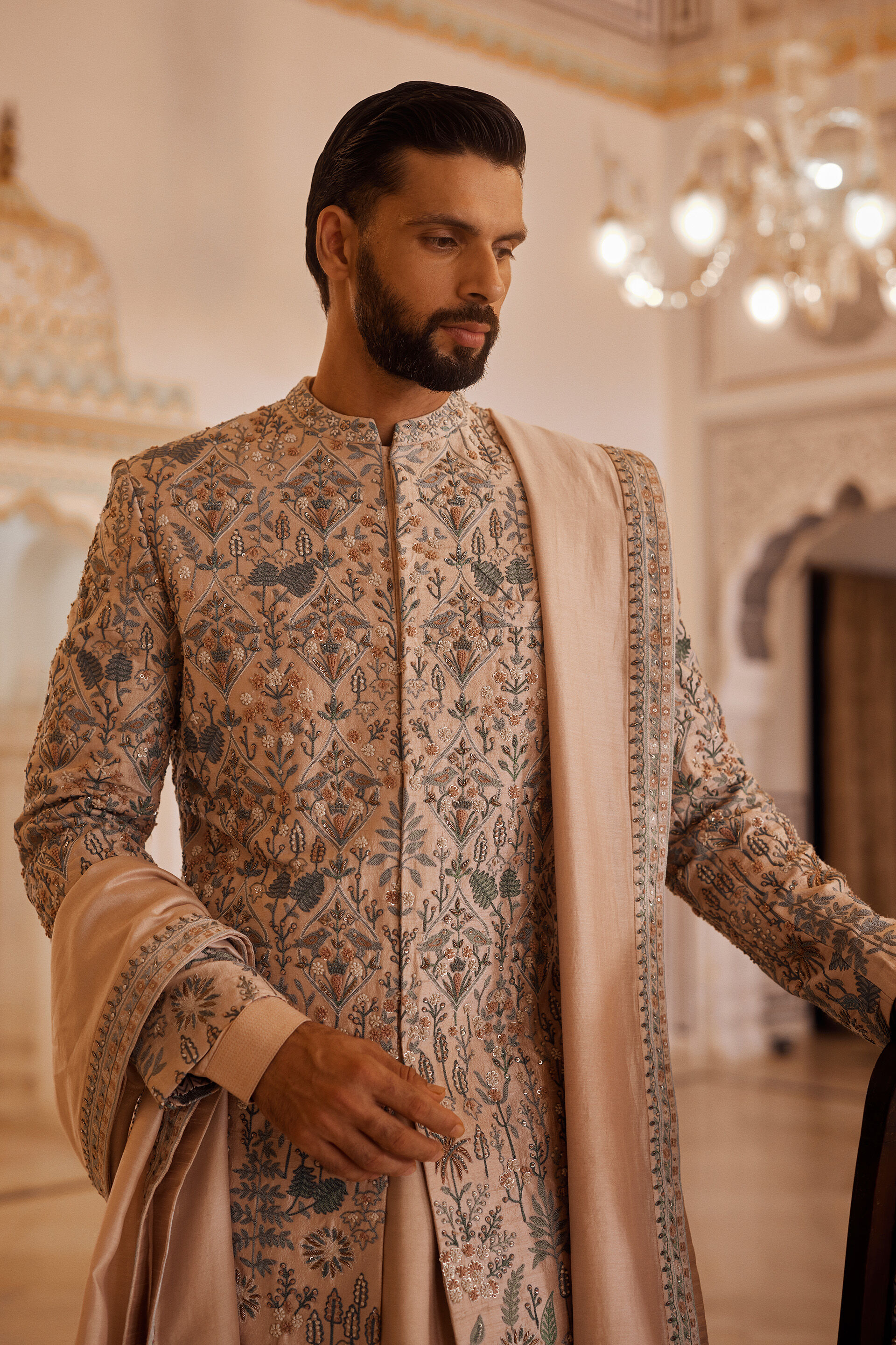 Almir Aari Embroidered Silk Sherwani - Champagne, Champagne, image 4